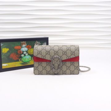Bright Red Suede Detail Beige GG Supreme Canvas Dionysus—Replica Gucci Classic Women'S Super Mini Wallet