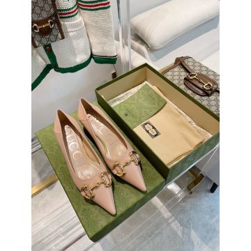Faux Gucci Luigi XV Low Heel Nude Pink Leather Cusp Toe Yellow Gold Horsebit Detail Pumps For Sale