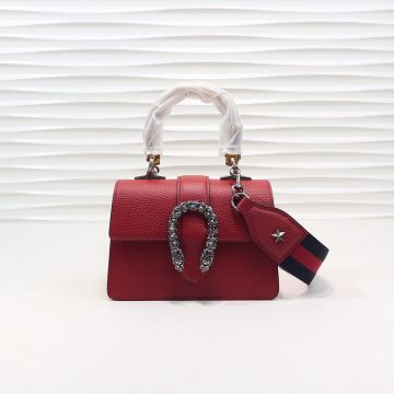 Chic Red Look Bamboo Handle Crystal Double Tiger Head Logo Web Strap Dionysus—Faux Gucci High End Mini Handbag For Ladies
