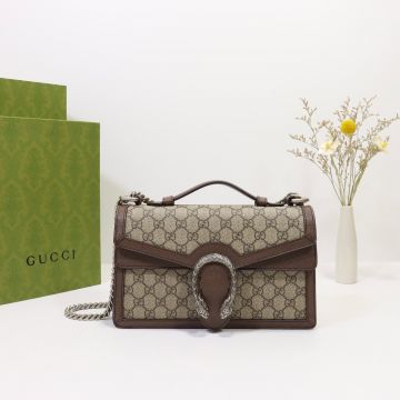 Fake Gucci Dionysus Leather Handle GG Canvas Brown Detail Silver Tiger Head Flap Design Chain Shoulder Strap Women Premium Handbag