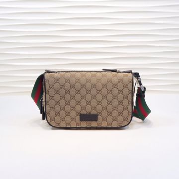 Copy Gucci GG Supreme Beige Jacquard Fabric Brown Leather Trim Double Zip Red-Green Web Strap Men'S Chest Bag/Waist Bag