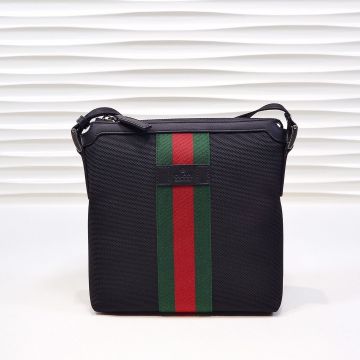 Top Quality Black Canvas Leather Trim Red-Green Webbing Zip Closure GG Supreme—Clone Gucci Men'S Flat Messenger Bag