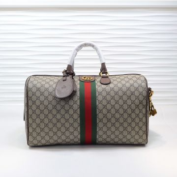 Fake Gucci Ophidia GG Supreme Canvas Red-Green Web Double G Logo Keychain Luggage Tag Detail Brown Strap Men'S Medium Tote Travel Bag