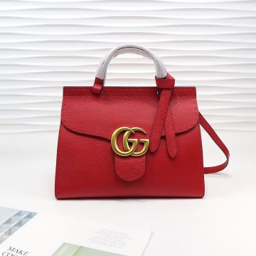 High End Red Leather Gold Logo Hardware Adjustable Shoulder Strap GG Marmont— Gucci Flap Detail Ladies Shoulder Bag