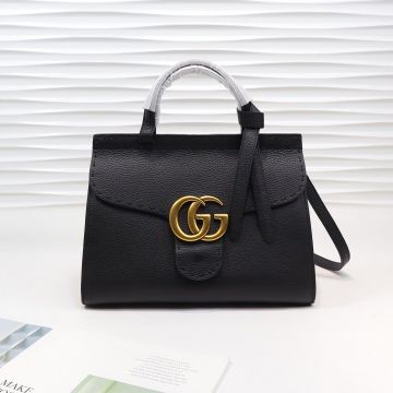 Good Review Black Leather Look Flap Logo Detail Double Leather Handles GG Marmont—  Gucci Classic New Women'S Medium Shoulder Bag