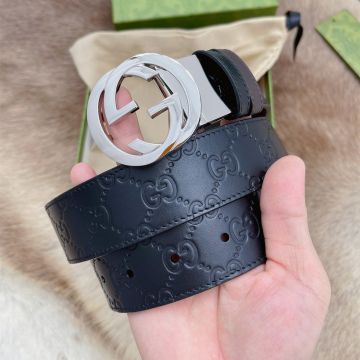 Low Price Gucci Polished Silver Interlocking G Buckle Signature Leather 3.7CM Reversible Men Belt Black/Brown