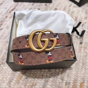 2022 Spring Gucci Disney x Mickey Printing Brown Supreme Canvas Strap Women Brass Double G Marmont Buckle Belt 3CM  Replica