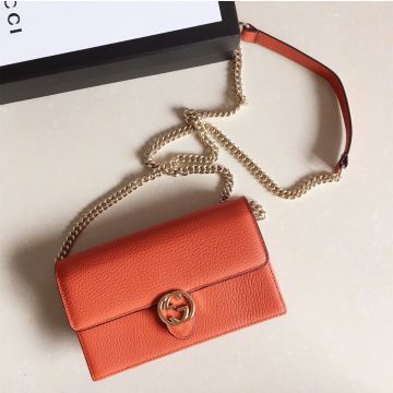 Classic Orange Embossed Leather Snap Closure Interlocking G  —Replica Gucci Mini Chain Bag/Wallet For Girls