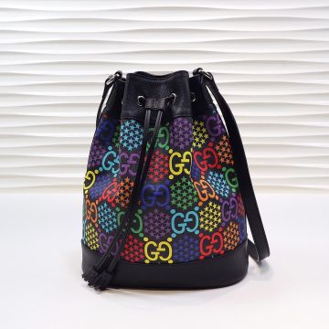 Low Price Black Supreme Monogram Canvas Leather Trim Drawstring Closure GG Psychedelic—Replica Gucci Bucket Bag For Girls