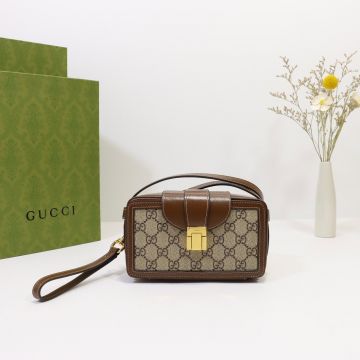 Imitated Gucci GG Supreme Canvas Leather Trim Gold Logo Buckle Ladies Rectangular Mini Bag Diagonal Bag