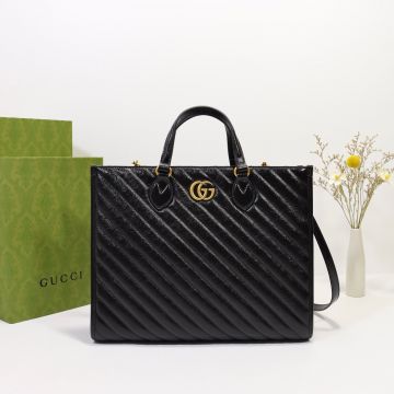  Gucci GG Marmont Black Diamond Check Leather Top Double G Logo Handle Design Medium Tote Bag For Elegant Women