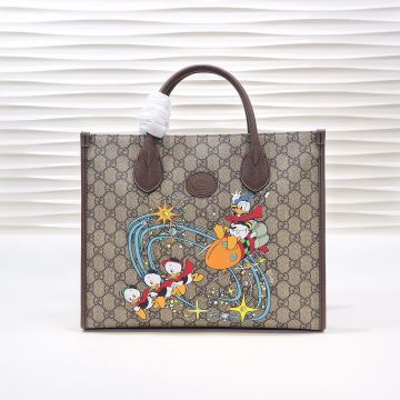 Fake Gucci X Disney GG Supreme Fabric Brown Leather Trim Donald Duck Graphic Hook Design Shoulder Bag For Ladies