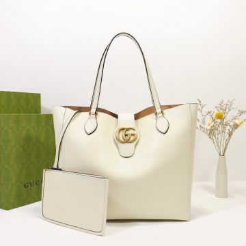 Faux Gucci GG Supreme Collection White Leather Gold Double G Logo Top Double Handles Medium Elegant Tote Bag For Female