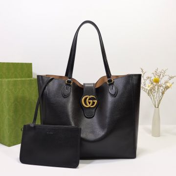 Best Discount Black Leather Top Handle Double G Logo Magnetic Closure GG Supreme—Replica Gucci Women'S Medium Classic Tote Bag