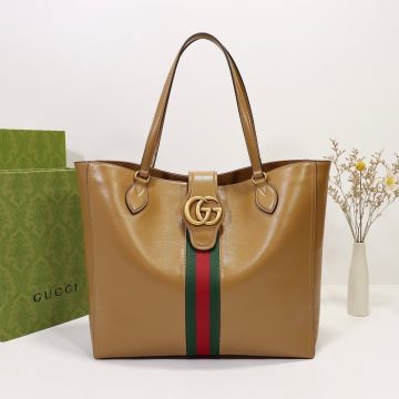 Imitated Gucci GG Supreme Brown Leather Red Green Web Design Gold Logo Commuter Style Women'S Medium Tote Bag