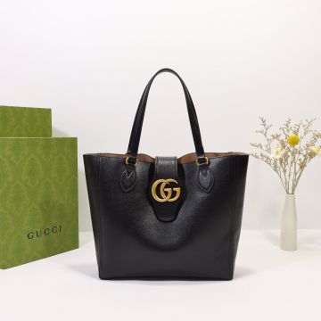 Imitated Gucci GG Magnetic Buckle Closure Top Double Handles Black Smooth Leather Look Women'S Small Tote Bag 