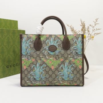 Clone Gucci GG Supreme Canvas Dark Brown Leather Trim Blue Print Tiger Pattern Ladies Small Tote Bag