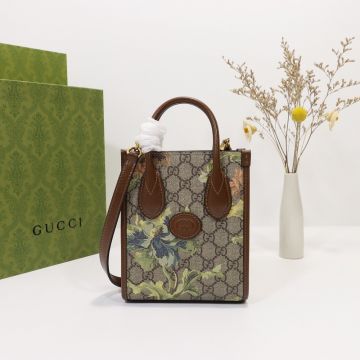 Faux Gucci GG Retro Beige Canvas Green Print Open Detail Brown Leather Trim Women'S Favorite Mini Tote Bag