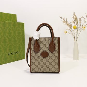 Fake Gucci Interlocking G Oval Leather Label Beige Canvas Brown Leather Details Handle Long Strap Mini Crossbody Bag For Ladies