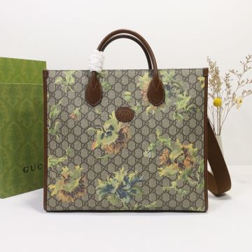 Faux Gucci Interlocking G Leather Label Ebony Canvas Carnation Print Double Strap Medium Tote Bag For Female