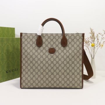 Replica Gucci Interlocking G Leather Label Ebony GG Canvas Brown Leather Detail Gold Hook Buckle Medium Tote Bag For Women