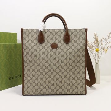 Low Price Interlocking Double G Oval Leather Plaque GG Supreme Canvas Brown Detail—Replica Gucci Medium Rectangular Shopping Bag