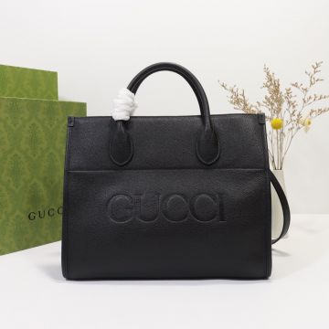 For Sale Black Leather Embossed Gucci Lettering Hook Closure One Side Adjustable Shoulder Strap—Clone Gucci Neutral Simple Tote Bag