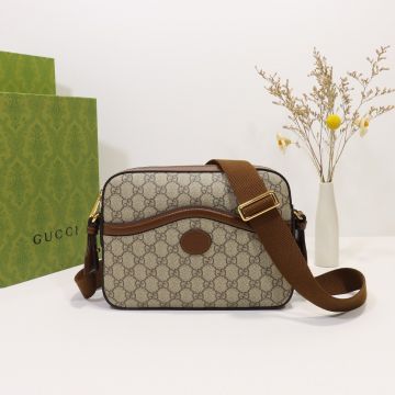 Copy Gucci Retro Beige Canvas Brown Trim GG Leather Tag Front Magnetic Pocket Top Zip Closure Men'S Messenger Bag