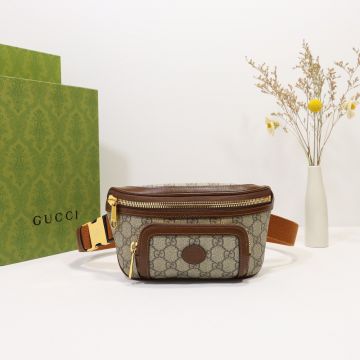 High End Vintage Beige Canvas Brown Trim Zip Closure Oval Leather Interlocking G—Replica Gucci Multi Pocket Men's Belt bag