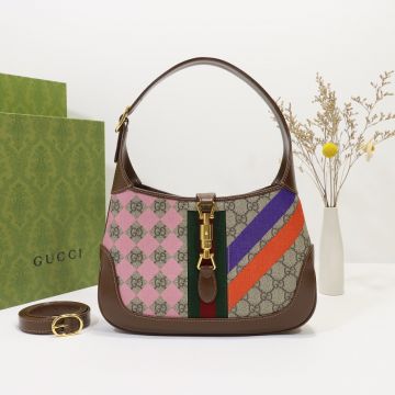  Gucci Jackie 1961 Colorful Geometric Pattern Canvas Look Leather Trim Piston Closure Small Shoulder Bag For Ladies