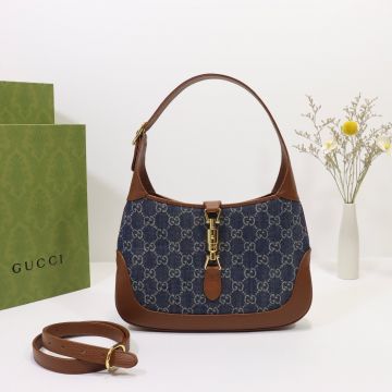  Gucci Jackie 1961 Collection Dark Blue Gg Jacquard Denim Gold Piston Closure Brown Leather Trim Traditional Craft Shoulder Bag For Female