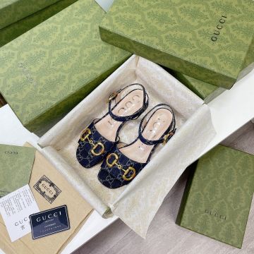 Best Price Dark Blue & Ivory Eco Washed Organic GG Jacquard Denim Brass Horsebit Detail -  Gucci Female Mid-Low-Heel Sandals