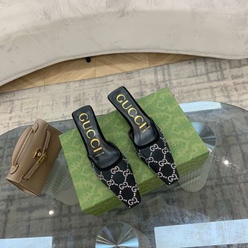 Summer Fashion Black Mesh Material Crystals GG Motif Kitten Heel - Replica Gucci Women's Luxury Low Heel Sandals Sale Online