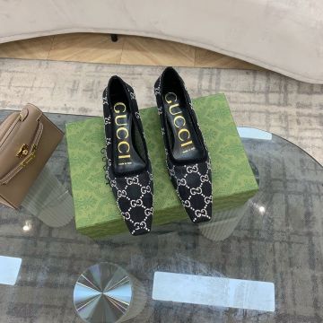 Spring Hot Selling Black Mesh Material  GG Logo Crystals Decoration Square Toe - Replica Gucci Lady Low Heel Pumps Sale Malaysia