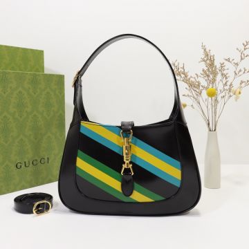  Gucci Jackie 1961 Colorful Geometric Pattern Black Leather Piston Design New Ladies Small Shoulder Bag