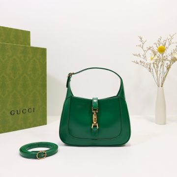 Copy Gucci Jackie 1961 Collection Green Leather Gold Piston Closure Double Way Shoulder Strap Modern Fashion Ladies Mini Shoulder Bag