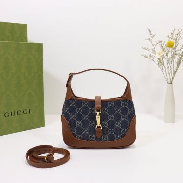  ‎Top Quality Dark Blue GG Jacquard Denim Dark Brown Leather Trim Jackie 1961— Gucci Durable Mini Shoulder Bag For Ladies 