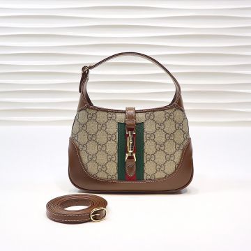  Gucci Jackie 1961 Brown Trim GG Canvas Red-Green Web Detail Piston Closure Classic Ladies Mini Shoulder Bag 