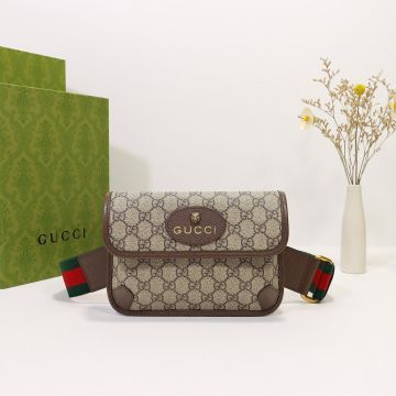 Top Sale Double G Nubuck Print Metal Detail Green-Red Striped Strap Brown Trim Suction Buckle Ophidia - Fake Gucci Neutral Belt Bag