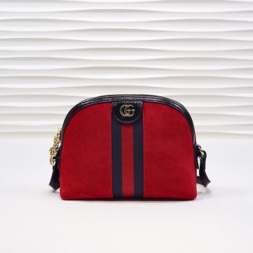 Fake Gucci Ophidia Gold Double G Mark Dark Red Suede Black Trim Thin Strap Glossy Lining Women Crossbody Bag Best Sale