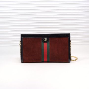 Popular Coffee Suede Gold GG Logo Decoration Suction Buckle Red-Green Web Black Trim Ophidia - Fake Gucci Female Satchel Bag 