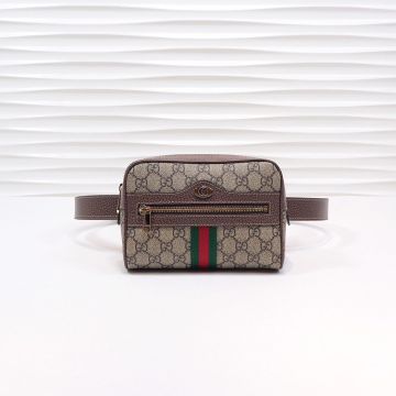 Replica Gucci Ebony GG Supreme Canvas Bag Body Green-Red Striped Brown Leather Trim Front Zipper Pocket Female Belt Bag