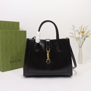 Top Quality Black Leather Gold Piston Logo Closure Top Handle Jackie 1961 Collection—Clone Gucci Medium Tote For Female