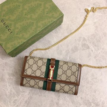  Gucci Jackie 1961 Ebony GG Canvas Brown Leather Trim Red—Green Web Piston Detail Flap Design Chain Wallet For Ladies