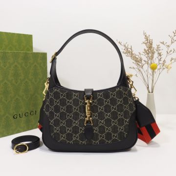  Gucci Jackie 1961 Black GG Canvas Leather Trim Gold Piston Black Orange Web Strap Small Women'S Shoulder Bag
