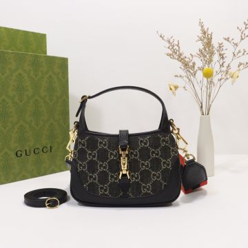 Clone Gucci Jackie 1961 Collection Black Canvas White GG Pattern Leather Trim Gold Piston Detail Ladies Mini Shoulder Bag