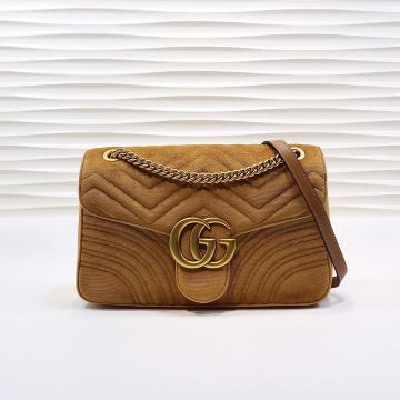 Discounted Ginger Color Wave Quilting Velvet Look Brass Double G Flap Design GG Marmont— Gucci Charm Shoulder Bag For Women