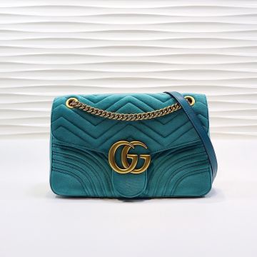  Gucci GG Marmont Blue Velvet Quilting Design Back Heart Pattern Chain Leather Shoulder Strap Women'S Shoulder Bag
