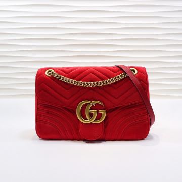 Hot Selling Red Velvet Gingham Detail Flap Brass Logo GG Marmont— Gucci Elegant Shoulder Bag For Ladies