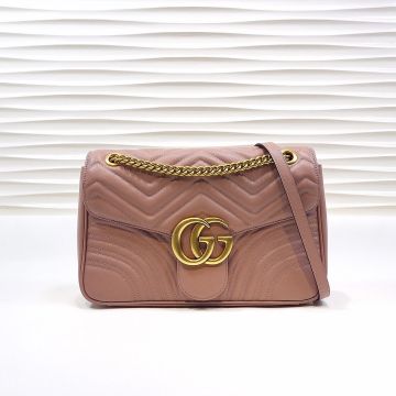  Gucci GG Marmont Nude Pink Leather Wave Quilted Design Back Heart Pattern Brass Logo Classic Ladies Shoulder Bag